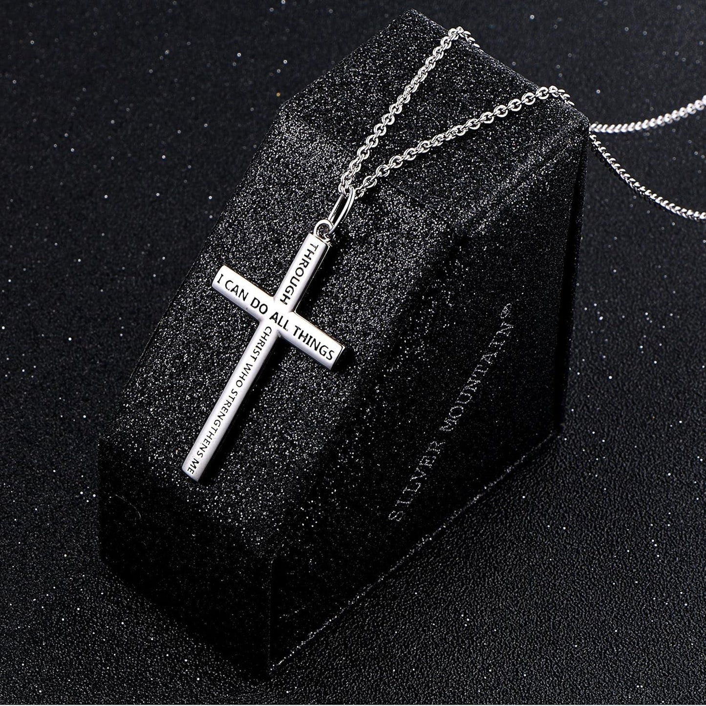 S925 Sterling Silver Cross Bible Verse Faith Christian Inspirational Pendant Necklace for Men Women