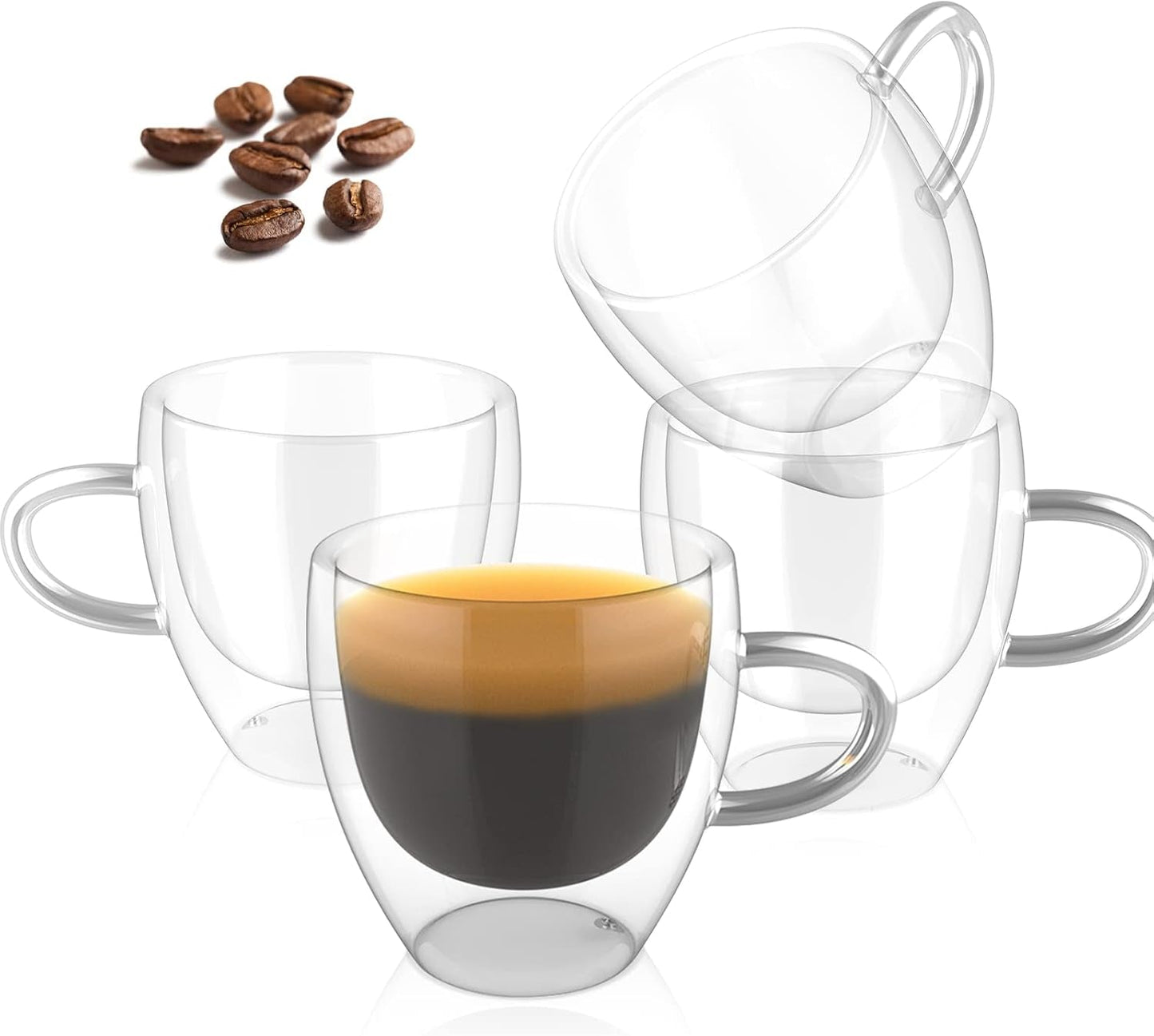 Espresso Cups 2.8 OZ - Double Walled Glass Espresso Cups Set of 4, Thermo Insulated Shot Glasses with Handle - WORLD TIME VISITS