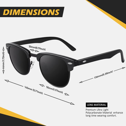Polarized Semi Rimless Sunglasses for Men Women, Classic Retro Shades Half Frame Driving Sun Glasses UV Protection
