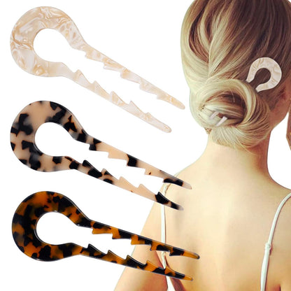 5.3Inch U Shaped Acetate 2 Prong Bun French Pin, Hair Fork for Women(Pack of 3)