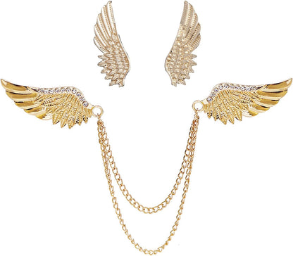 2PCS Angel Wings Tassel Chain Brooch Collar Pins,Rhinestone Metal Feather Lapel Pin, Suit Coat Breastpin for Women Men'S Accessories