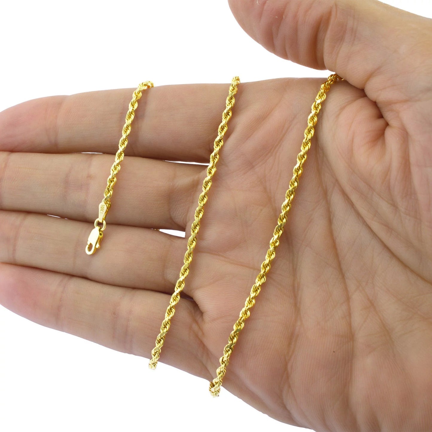 10K Yellow Gold 3Mm Diamond Cut Rope Chain Lightweight Necklace, Mens Womens Jewelry 16" - 30"