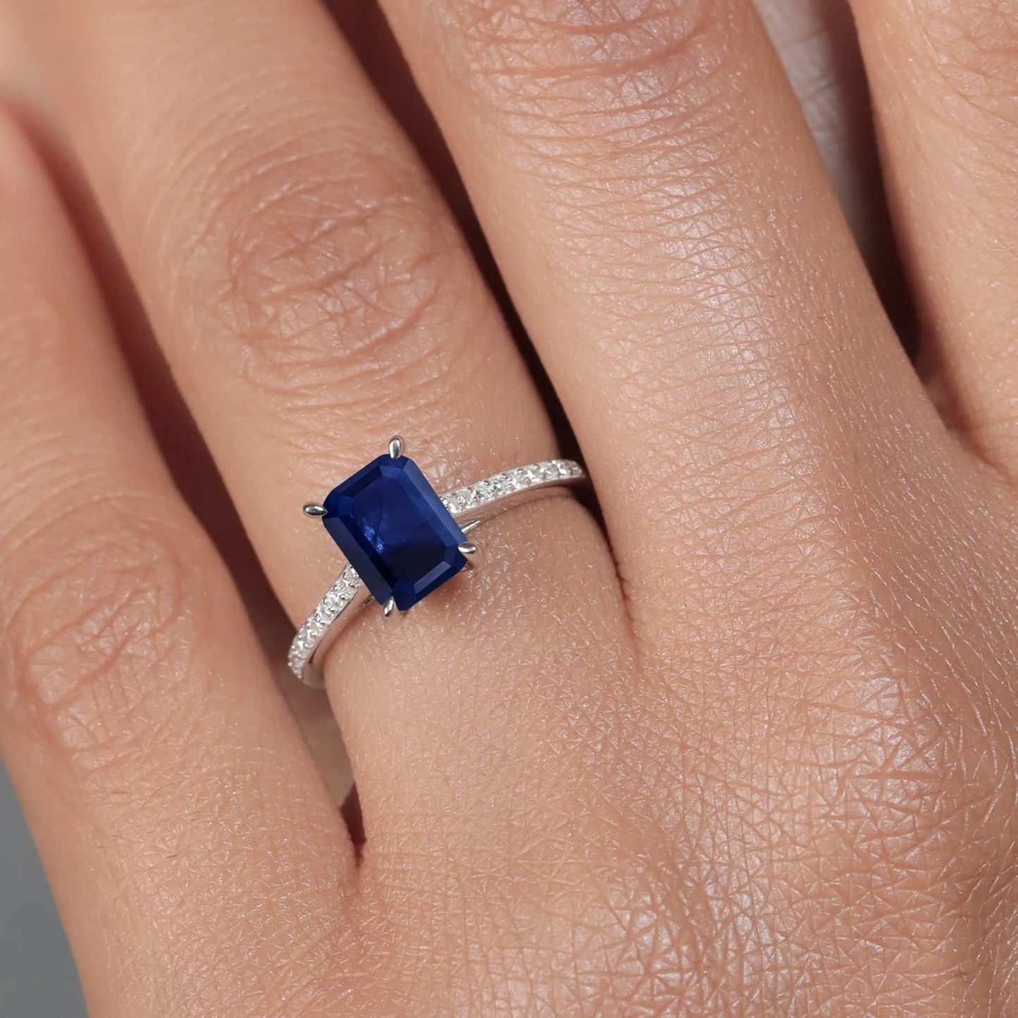 10K White Gold Emerald Cut 8X6MM Gemstone Birthstone and White Diamond Engagement Ring | Wedding Anniversary Promise Gold Ring for Women | Available in Size 5-9
