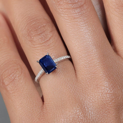 10K White Gold Emerald Cut 8X6MM Gemstone Birthstone and White Diamond Engagement Ring | Wedding Anniversary Promise Gold Ring for Women | Available in Size 5-9