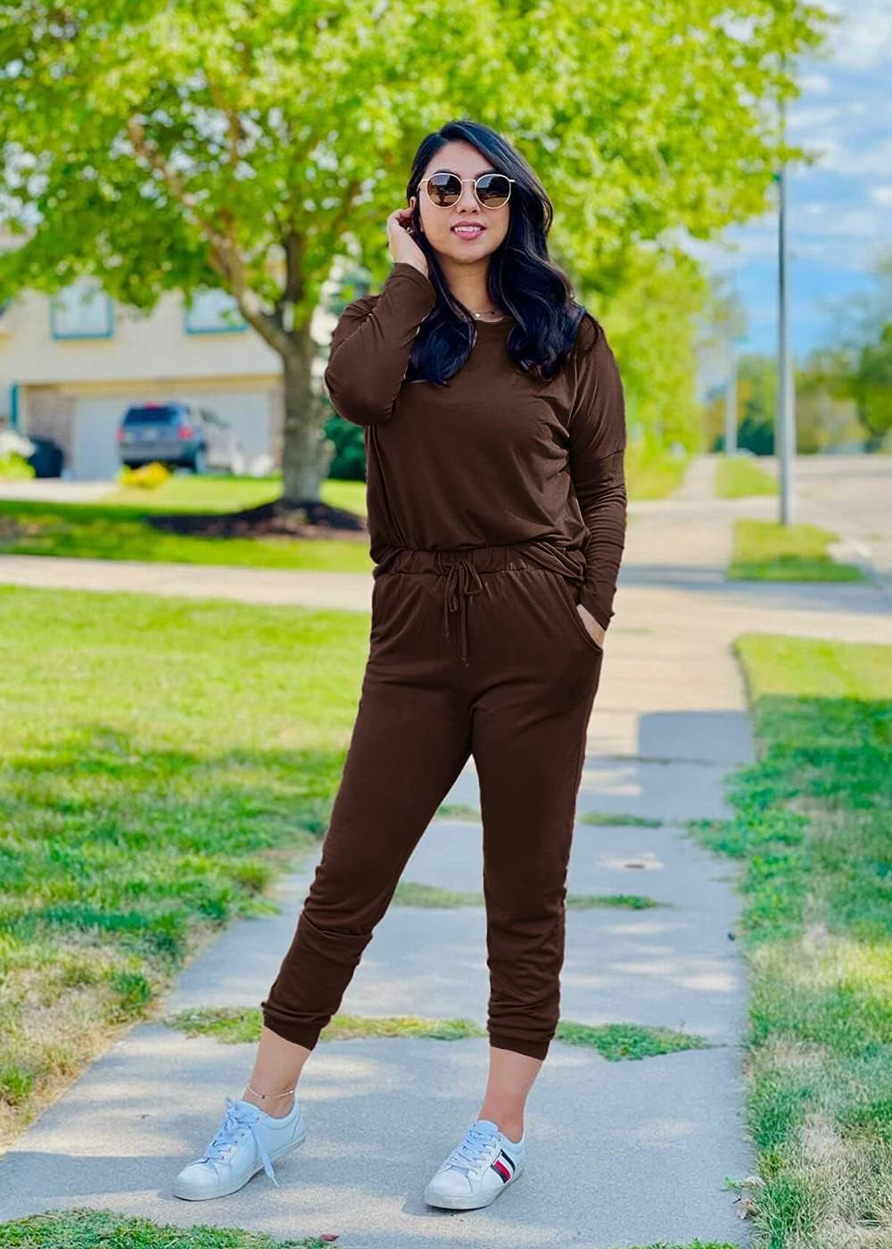 Women'S Fall 2 Piece Lounge Outfit Long Sleeve Crewneck Pullover Tops High Waisted Pants Set Tracksuit