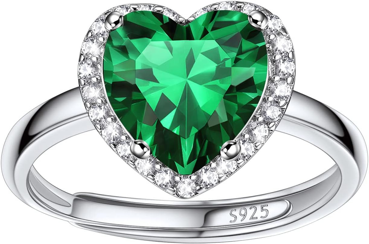 925 Sterling Silver Birthstone Rings for Women Girls with Clear 2Ct Heart/Round/Teardrop/Square Crystal, Solitaire Diamond Halo Open Bands Cubic Zirconia Rings Adjustable Size#6-#12 - WORLD TIME VISITS