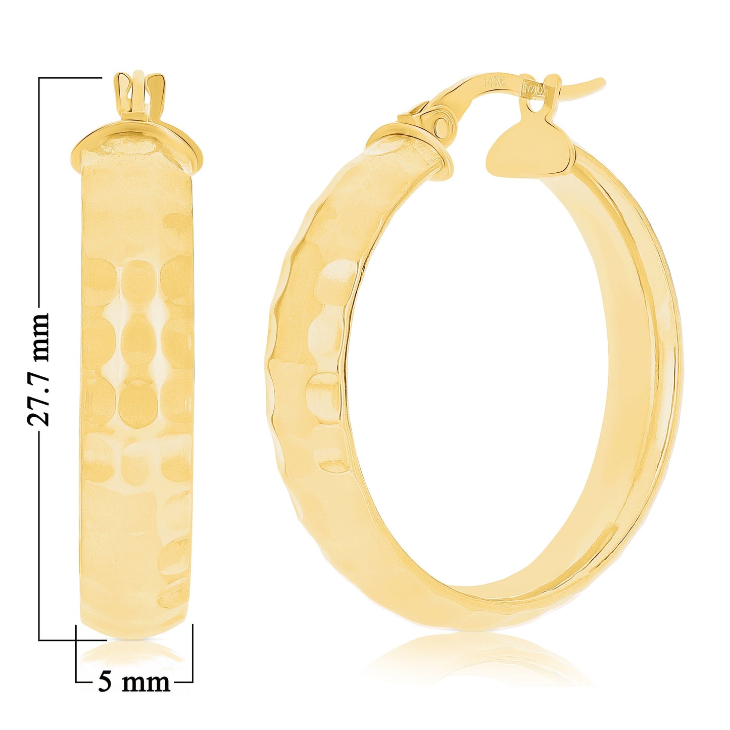 Italian 14K Yellow Gold Polished Hammered Flat Medium Hoop Earrings