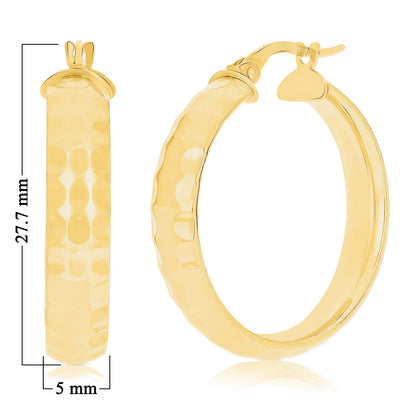 Italian 14K Yellow Gold Polished Hammered Flat Medium Hoop Earrings