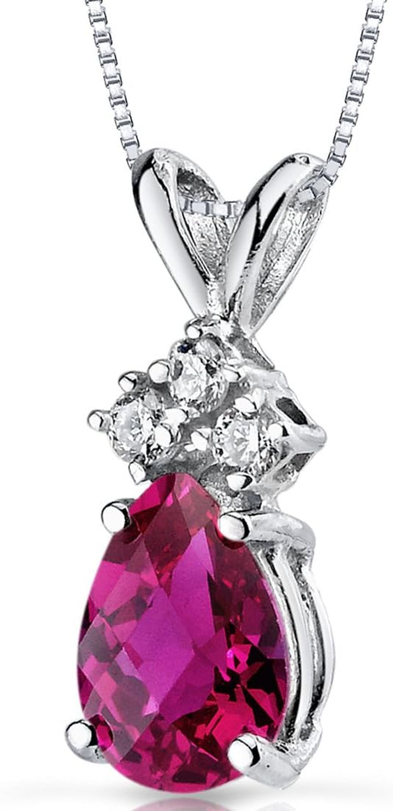Solid 14K White Gold Created Ruby with Genuine Diamonds Pendant for Women, Dainty Teardrop Solitaire, Pear Shape, 7X5Mm, 1 Carat Total