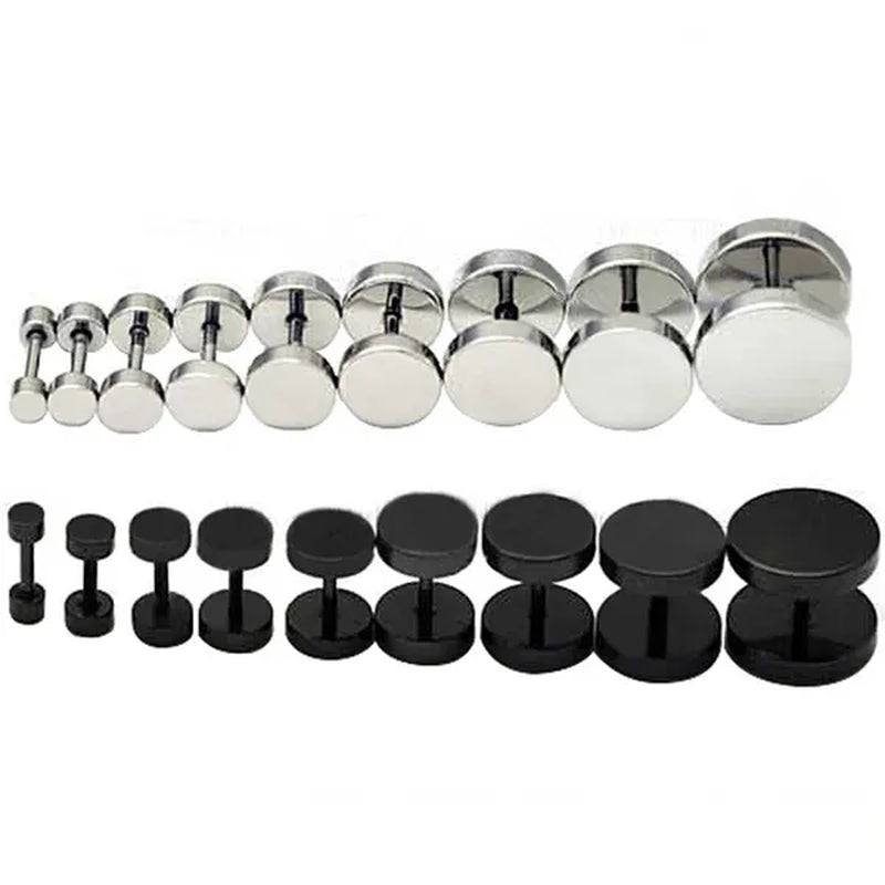 Punk Style Black Silver Stud Earrings Unisex Man Woman Earrings round Barbell Ear Stud Fashion Ear Piercing Jewelry Fake Plug 1 Pair - WORLD TIME VISITS