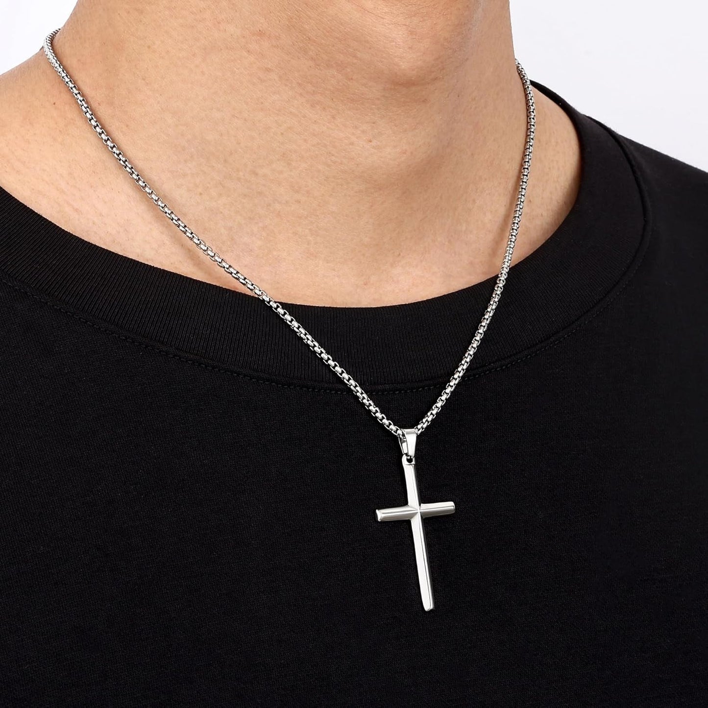 Beveled Edge Cross Necklace for Men, Silver Tone/Black/14K Gold Plated Mens Cross Necklace, 2.5MM Stainless Steel Box Chain with Pendant