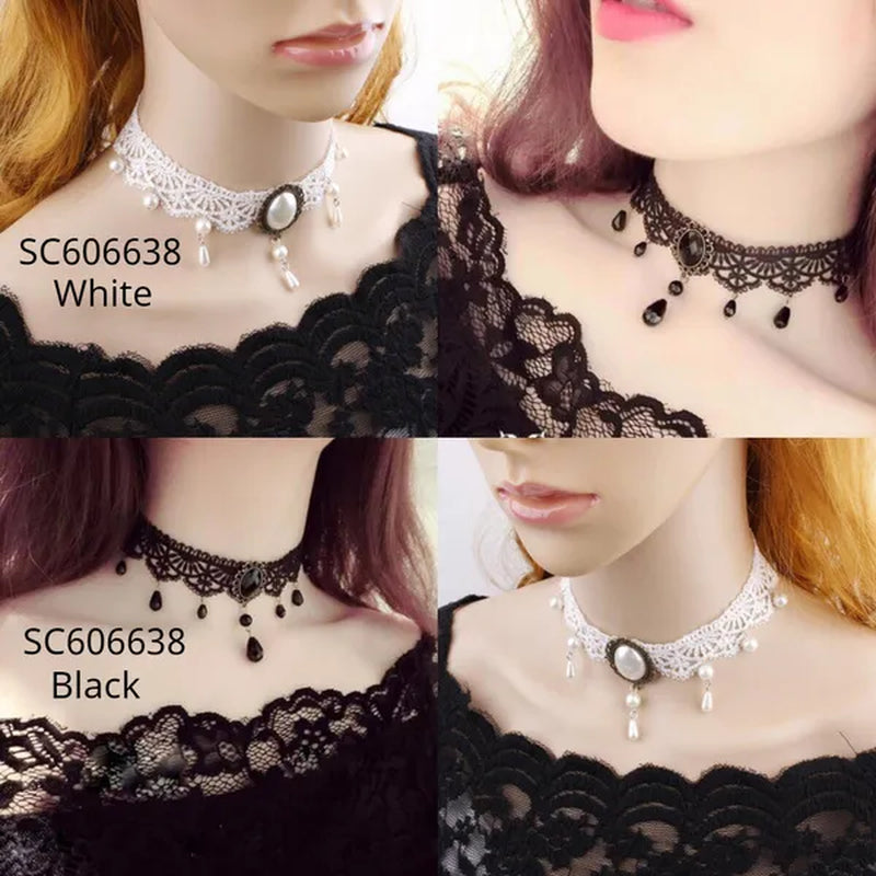 White Lace Necklace Chokers Black Collares Vintage Style Female Gothic Wedding Red Rose Crystal Diamond Pendant Collarbone Necklaces Chain Accessories for Women Girls