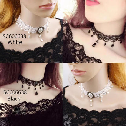 White Lace Necklace Chokers Black Collares Vintage Style Female Gothic Wedding Red Rose Crystal Diamond Pendant Collarbone Necklaces Chain Accessories for Women Girls
