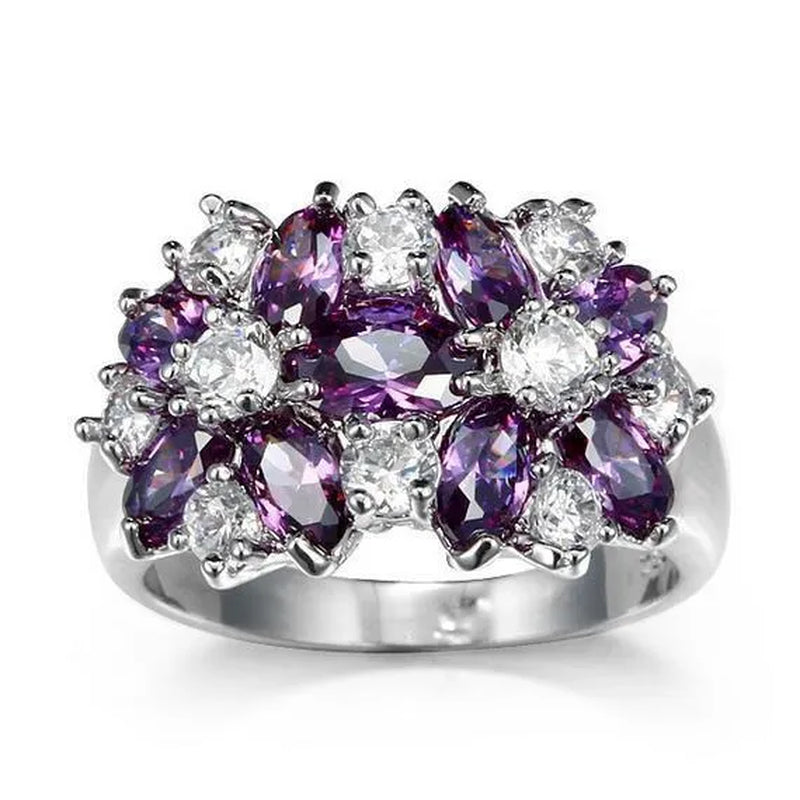Fashion Women Blue Sapphire Flower Rings Crystal Zircon Gemstone Rings Size 6-10