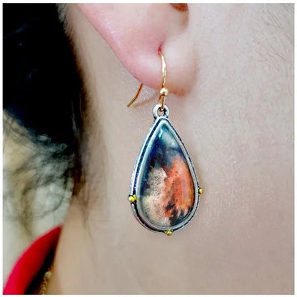 1 pair Antique 925 Sterling Silver Pendant Earrings Natural Gemstone Inlay Dangle Earrings Bridal Engagement Wedding Anniversary Gift  Bohemian Style Earrings