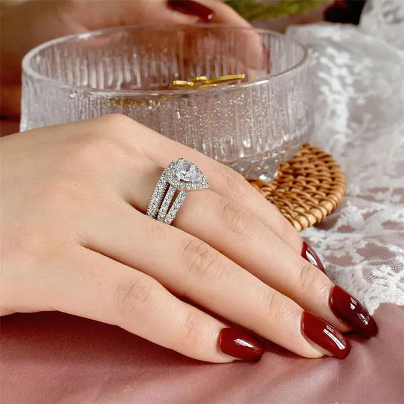 Newshe 4 Carats Wedding Teardrop Shape Engagement Ring Set for Women 925 Sterling Silver White Cubic Zirconia Size 4-13