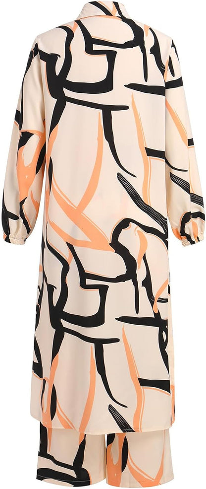 Abaya Dress for Women Muslim Set Long Sleeve Ramadan Islamic Dress Shirt with Pants 2PCS Dubai Prayer Casual Clothes