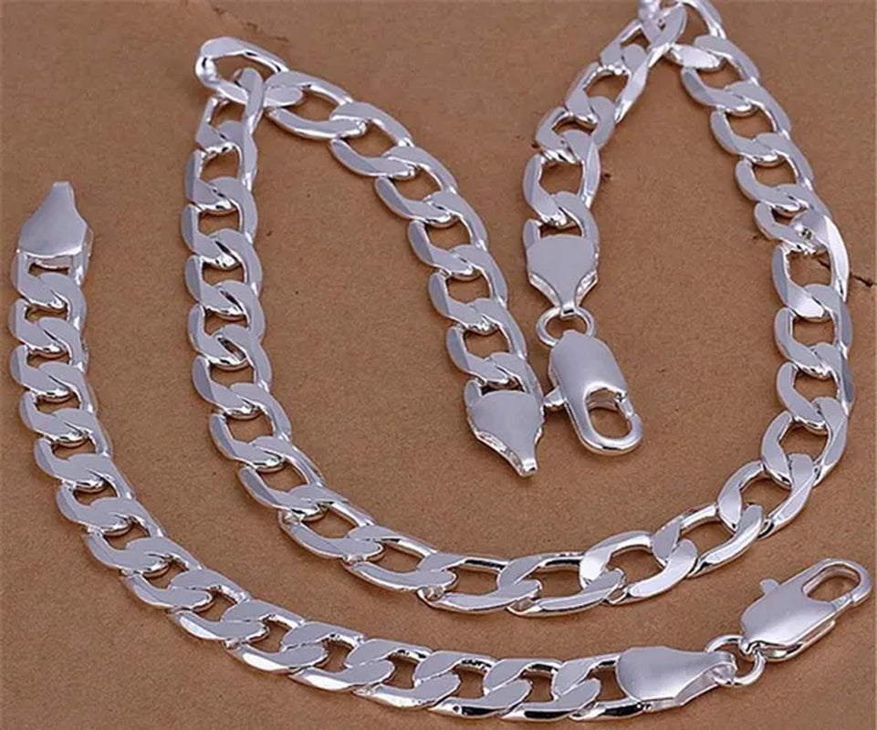 2PCS (Bracelet + Necklace) 925 Sterling Silver Smooth Flat Sideways Chain Necklace Fashion Luxury Exaggerated 16"-30" Fashion Exquisite Jewelry Sets for Women and Men