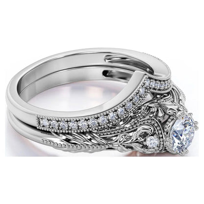 Engraved .68 Carat round Cut Real Diamond Victorian-Inspired Wedding Ring Set with Chevron Wedding Band in 10K White Gold
