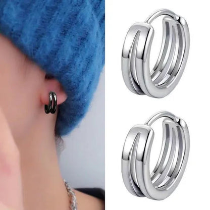 Stainless Steel Hoop Earrings Punk Style Multilayer round Double Hip Hop Earrings Gunblack Silver Plated Pierced Stud Earrings Men'S Jewelry