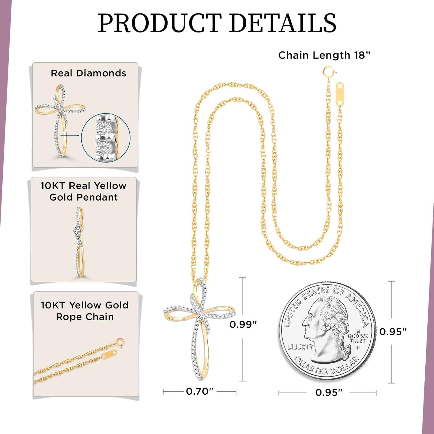 Cross Necklace Pendant with Natural White round Diamonds in 10K Rose, White or Yellow Gold, 18 Inch Rope Chain