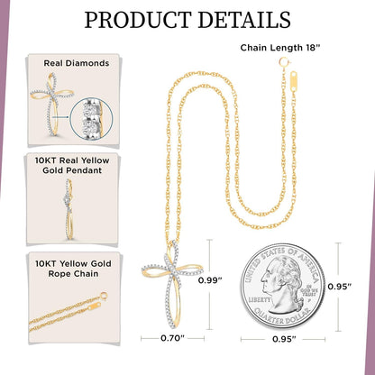 Cross Necklace Pendant with Natural White round Diamonds in 10K Rose, White or Yellow Gold, 18 Inch Rope Chain