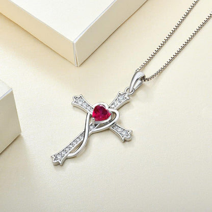 Heart Cross Necklace 925 Sterling Silver Birthstone Twisted Pendant Jewelry for Women