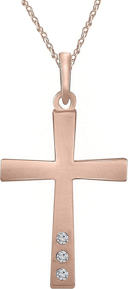 Collection 925 Sterling Silver round Cut Real White Diamond 3-Stone Religious Cross Pendant Necklace with 18" Chain | H-I Color, I1-I2 Clarity, 0.03 Cttw