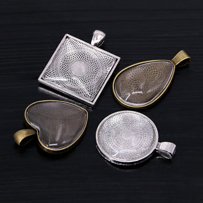 48-Pieces 4 Styles Pendant Trays 24Pcs round & Square & Heart & Teardrop and 24Pcs Bright Glass Cabochon Dome Tiles for Crafting DIY Jewelry Gift Making