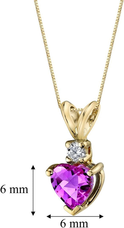 Created Pink Sapphire with Genuine Diamond Pendant in 14 Karat Yellow Gold, Heart Shape Solitaire, 6Mm, 1.15 Carats Total