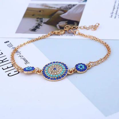 4 Pieces Set Round Turkish Blue Evil Eye Necklace Earring Bracelet Ring Fashion Rhinestone Eye Necklace Bracelet Ring Earrings Set for Women Jewelry