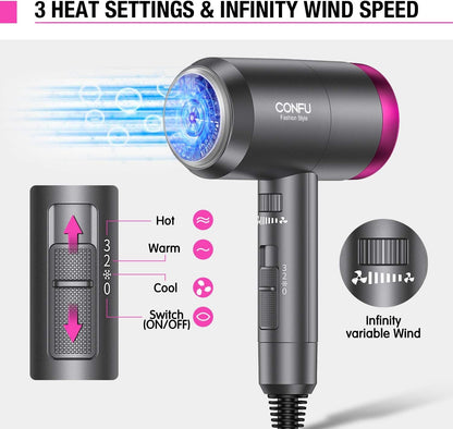 Ionic Blow Dryer 1600W, Portable Lightweight Fast Drying Negative Ion Hairdryer Blowdryer, 3 Heat Settings & Infinity Speed, with Diffuser and Concentrator Nozzle for Home & Travel