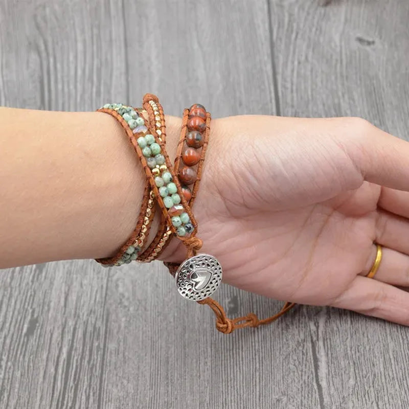 Vintage Boho Handmade Turquoise Charm Natural Stone Beads Bracelets Adjustable Wrap Leather Bracelet Jewelry
