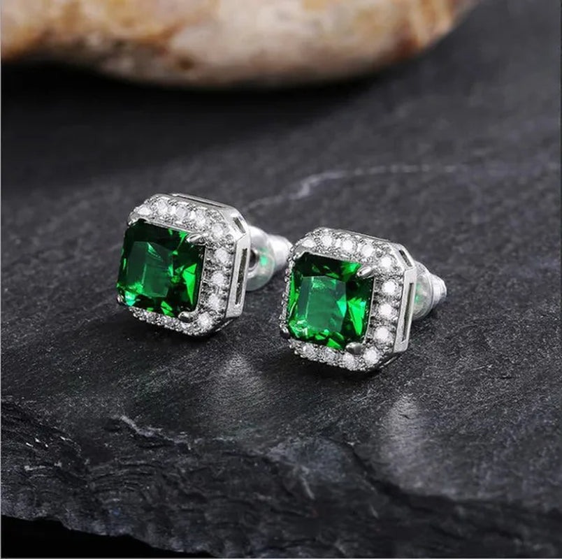 Fashion Jewelry 925 Sterling Silver Emerald Ear Studs Diamond Earrings