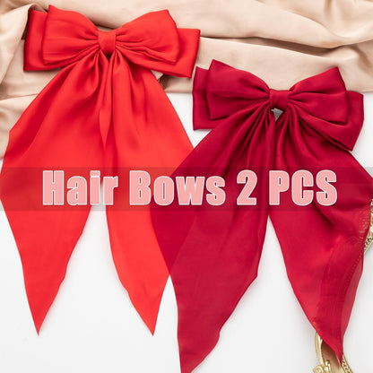 Hair Bows 2 PCS, Ribbon Bow for Women, Hair Ribbons, Oversized Long-Tail Cute Aesthetic Hair Accessories, Large Hair Barrettes for Women, Big Bows for Girls (Bright Red Wine Red)