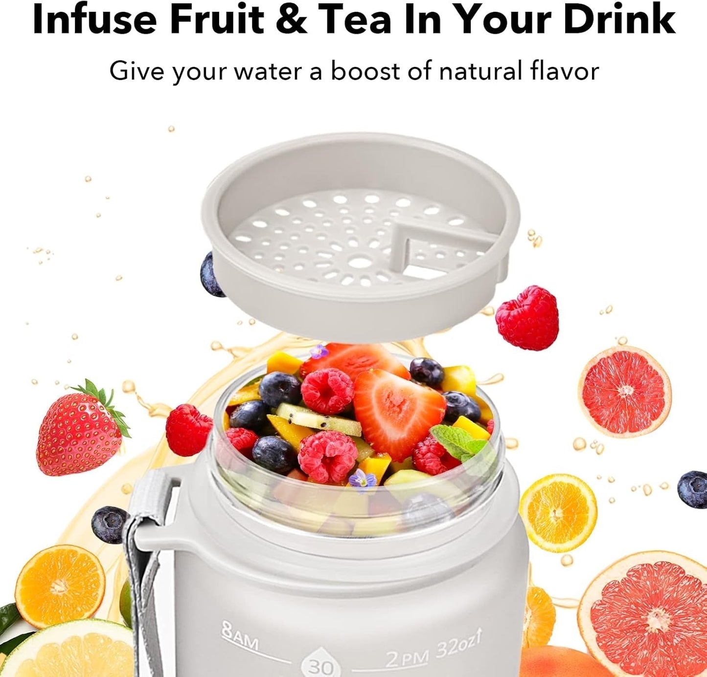 32Oz Motivational Water Bottles with Time Marker and Fruit Strainer, Sports Water Bottle with Times to Drink, Leakproof, Reusable Plastic Bottle with Strap No Straw for Gym, School - WORLD TIME VISITS
