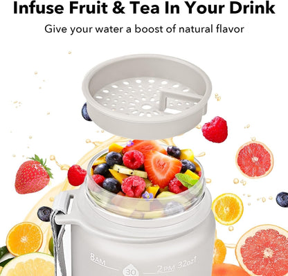 32Oz Motivational Water Bottles with Time Marker and Fruit Strainer, Sports Water Bottle with Times to Drink, Leakproof, Reusable Plastic Bottle with Strap No Straw for Gym, School - WORLD TIME VISITS