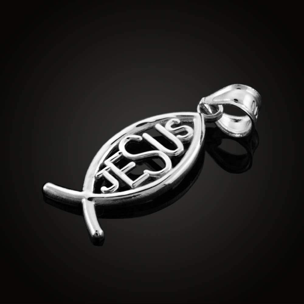 925 Sterling Silver Vertical Jesus Ichthus Charm Christian Fish Pendant Necklace - WORLD TIME VISITS