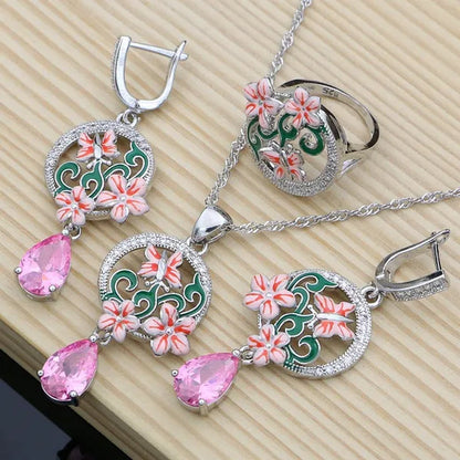Purple Amethyst Silver 925 Jewelry Sets Charm Enamel Butterfly Flower Earrings Women Handmade Decoration Jewellry