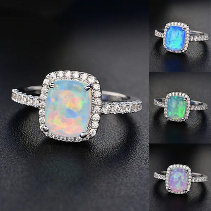Cushion Cut Opal & CZ 925 Sterling Silver Engagement Wedding Ring for Women Girl Size 5-11