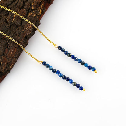 Natural Lapis Lazuli Earrings, Dainty Threader Pair, Gemstone Beads, Birthstone Crystal, Gift for Women, Chakra Energy Healing Jewelry in Gold Plated, Valentine Day Gift (Lapis Lazuli)