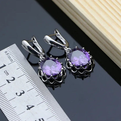 Purple Amethyst White Topaz Crown Silver 925 Jewelry Set for Women Earrings Necklace Set