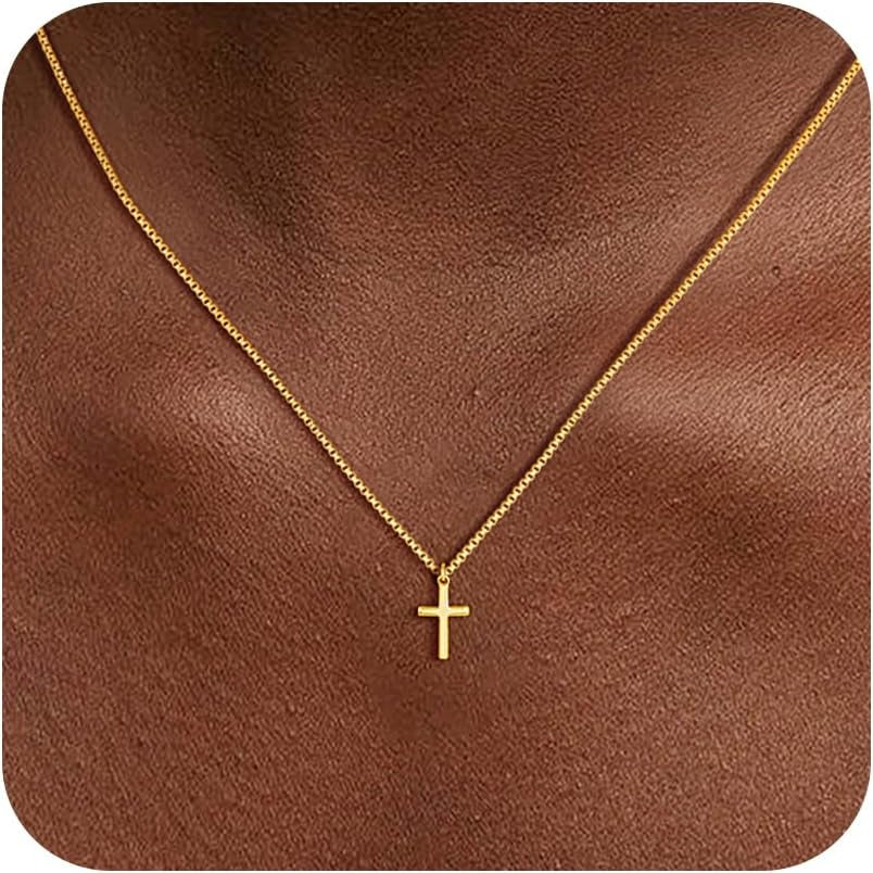 Cross Necklace for Women Trendy - Dainty 14K Gold Plated Cross Choker Pendant Necklaces Simple Tiny Cute Necklace Christian Baptism Religious Faith Jewelry Gift for Women