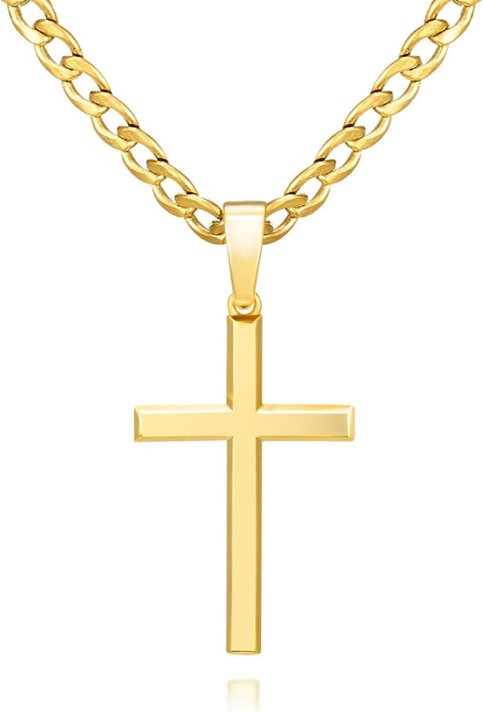18K Gold over 925 Sterling Silver Cross Necklace for Men/Women, Stainless Steel Cuban/Rope Chain Cross Pendant 18-24 Inch, Religious Jewelry Gifts for Men