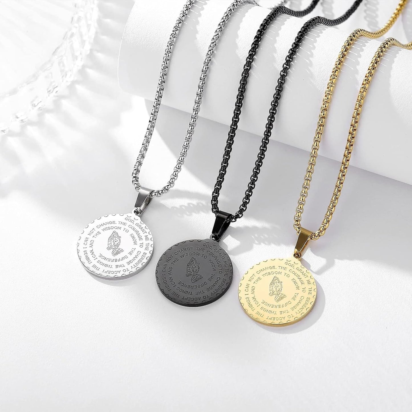 Serenity Prayer Necklace with Praying Hands Coin Pendant for Men Women Lords Prayer Bible Verse Courage Wisdom Stainless Steel 24 Inches
