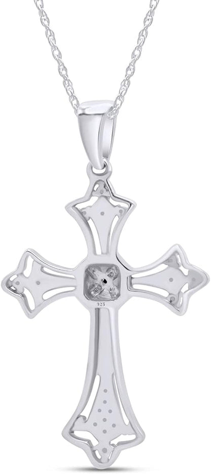 round Shape White Natural Diamond Accents Cross Pendant Necklace in 14K Gold over Sterling Silver