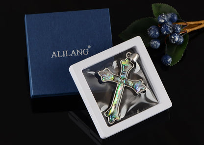 Vintage Inspired Silvery Tone Abalone Shell Religious Cross Pendant Necklace - WORLD TIME VISITS