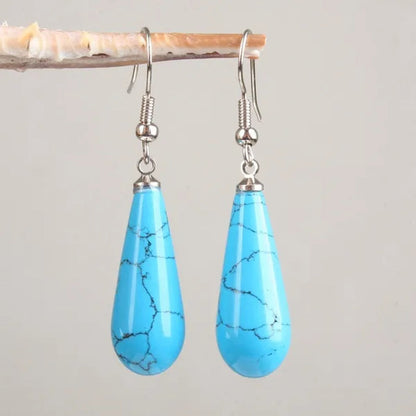 1Pair Option 29X10MM Water Drop Amethyst Clear Quartz Lapis Lazuli Turquoise Rose Quartz Opal Tiger Eye Drop Earrings