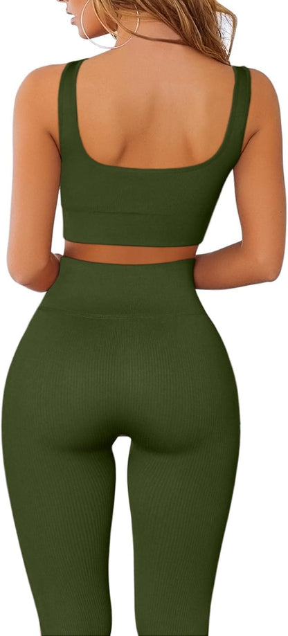 Ribbed Workout Outfits for Women 2 Piece Seamless Sport Bra High Waist Yoga Leggings Sets