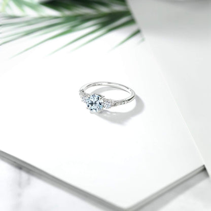 10K White Gold 6MM round Gemstone Birthstone White Created Sapphire & White Diamond Accent 3-Stone Engagement Ring | Three-Stone Wedding Anniversary Promise Ring for Women